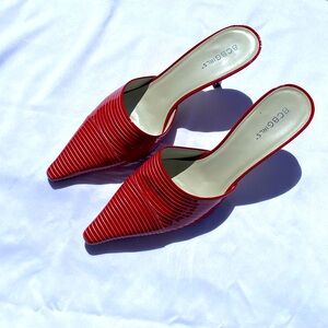 BCB GIRLS patent red and silver striped 2” mule